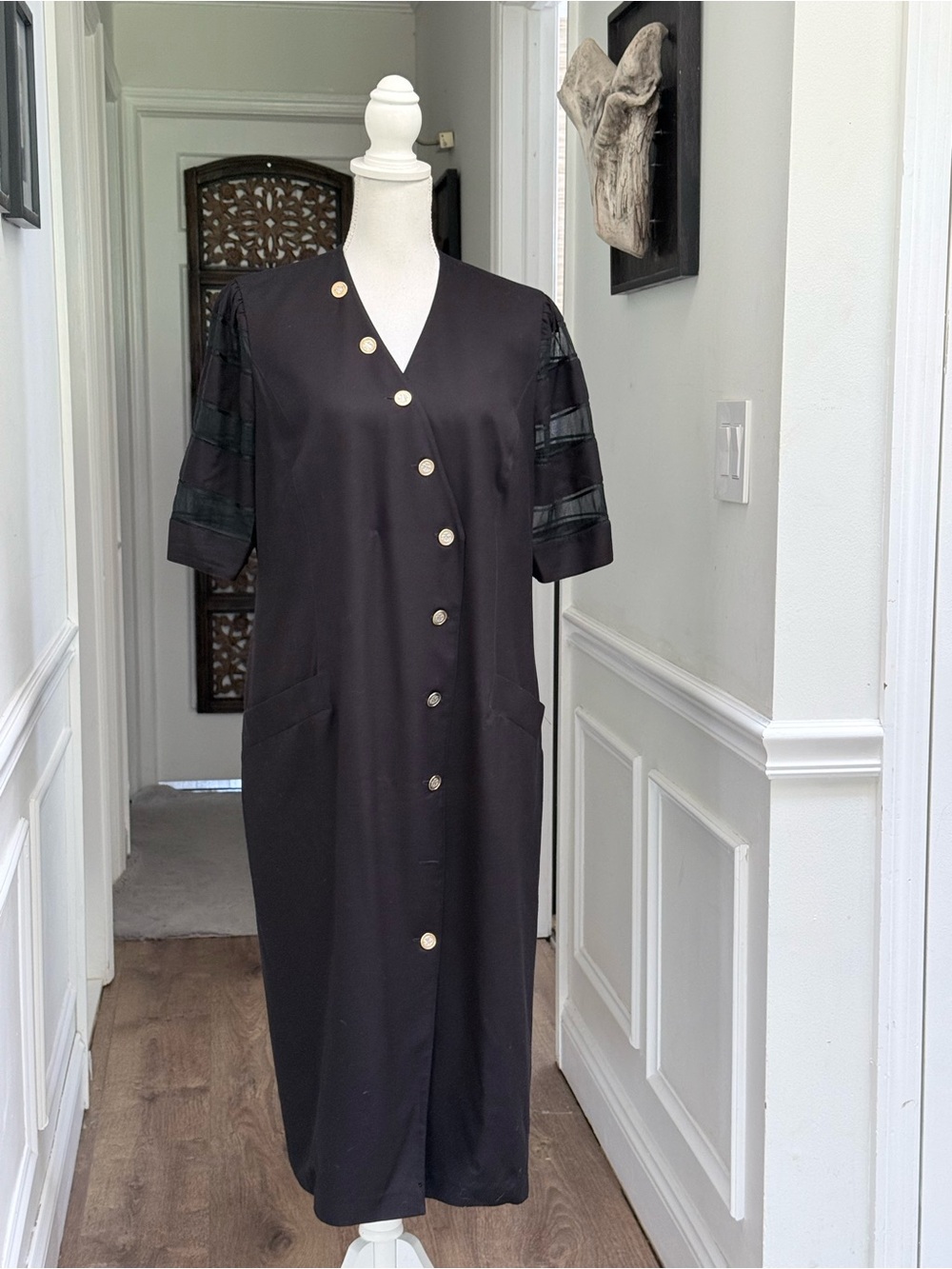 Vintage Fink Modell Black Midi Dress US 10 Sheer Sleeve Gold Anchor Buttons
